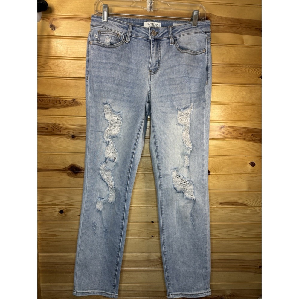 Judy Blue Womens Boyfriend Fit Jeans 5 / 27 Blue Distressed Stretch Denim Grunge